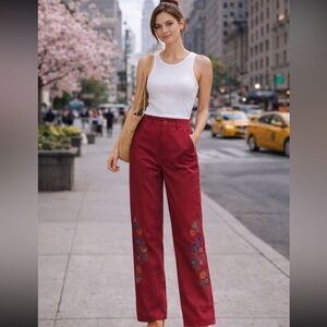 Farm Rio Red Corduroy Pants with Floral Embroidery size Small